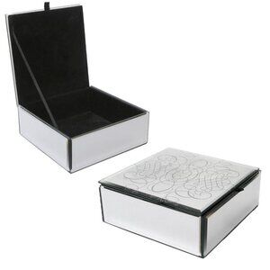 Etched Mirror Jewelry Box Glass Square Velvet Lined Silver Glitter Lid Design